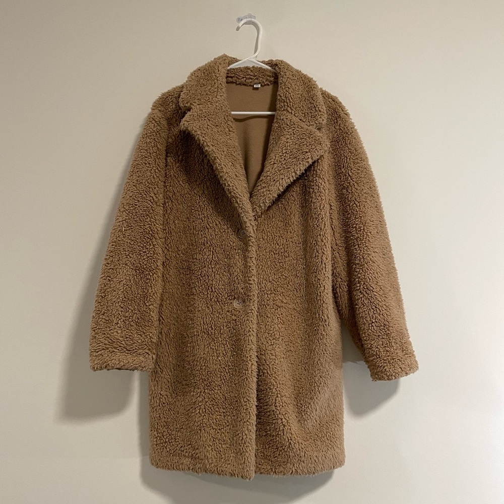 Uniqlo Long Teddy Coat in Camel
